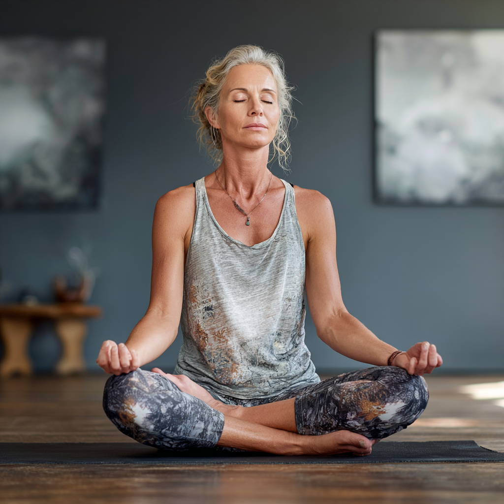 Middle-aged woman practicing yoga meditation in peaceful studio environment