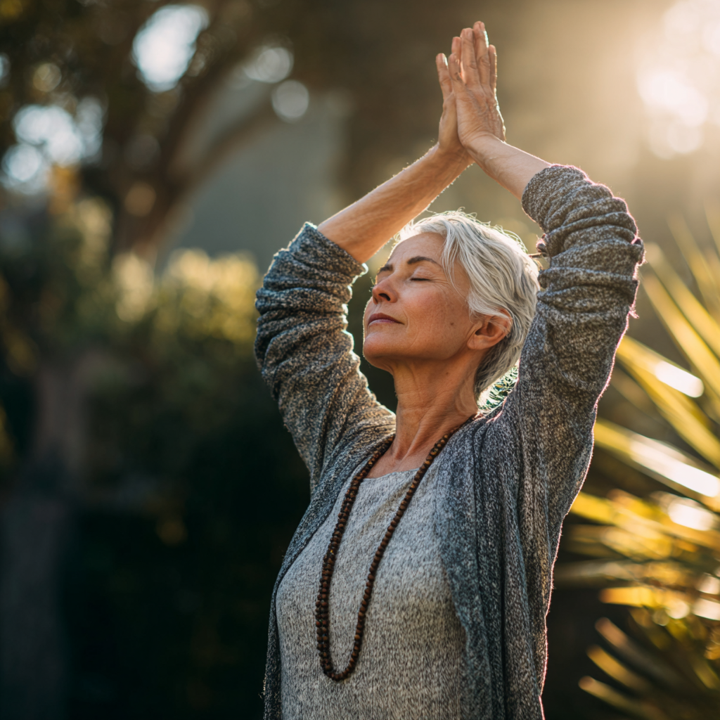 Senior adult practicing yoga poses in serene outdoor setting with natural lighting